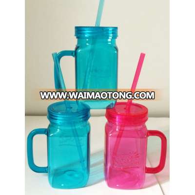 BPA free 12oz Acrylic single wall Mason Jars with straw and handle